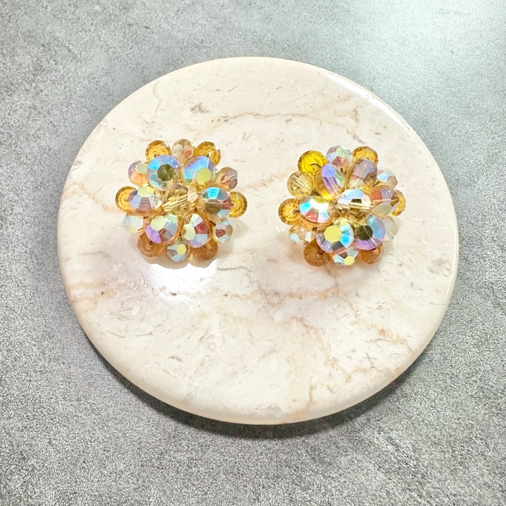 Vintage Citrine Aura Borealis Sparkling Glass Faceted Beaded Clip-On Earrings